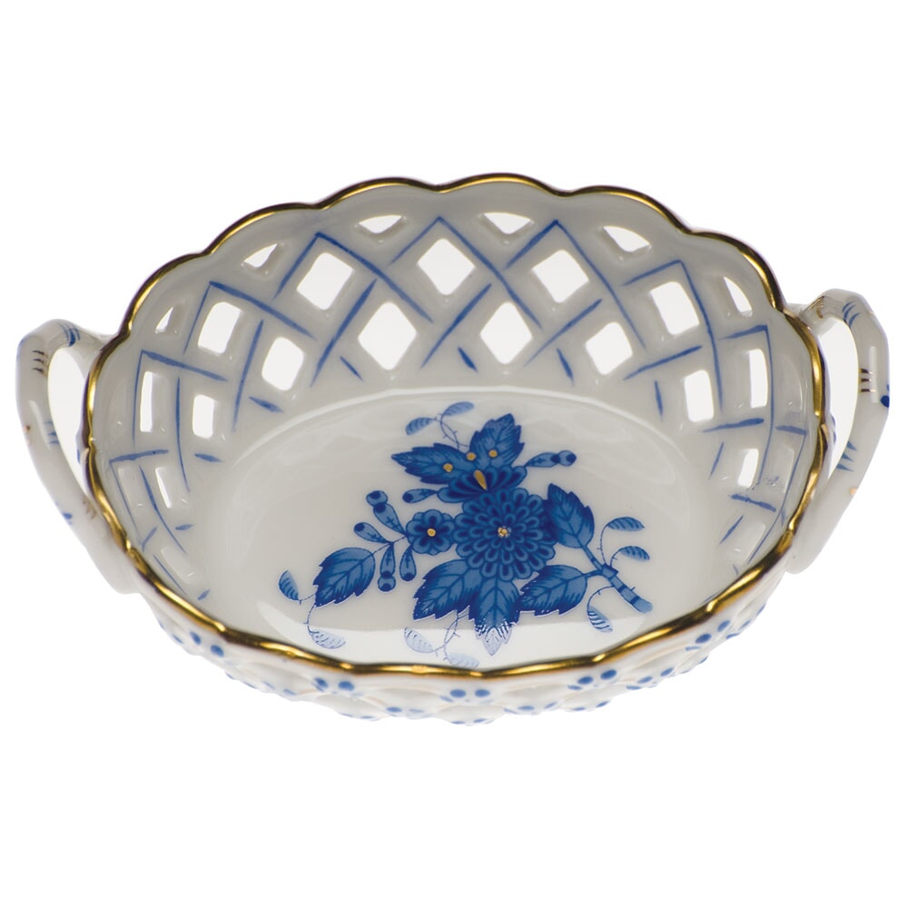 Herend Chinese Bouquet Blue Openwork Basket, Small
