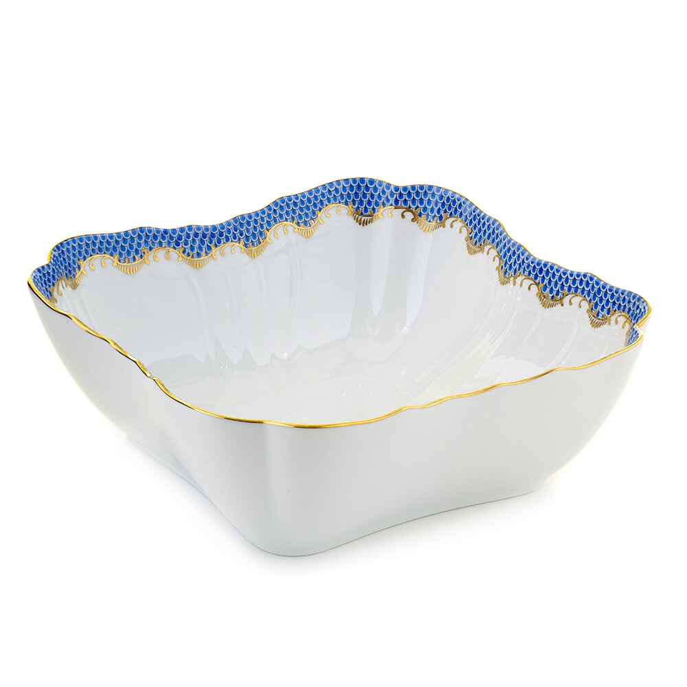 Herend Fish Scale Blue Square Salad Bowl