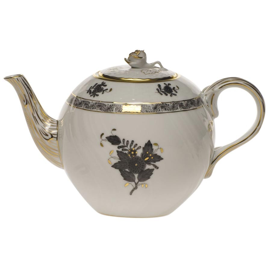Herend Chinese Bouquet Black Teapot with Rose Finial