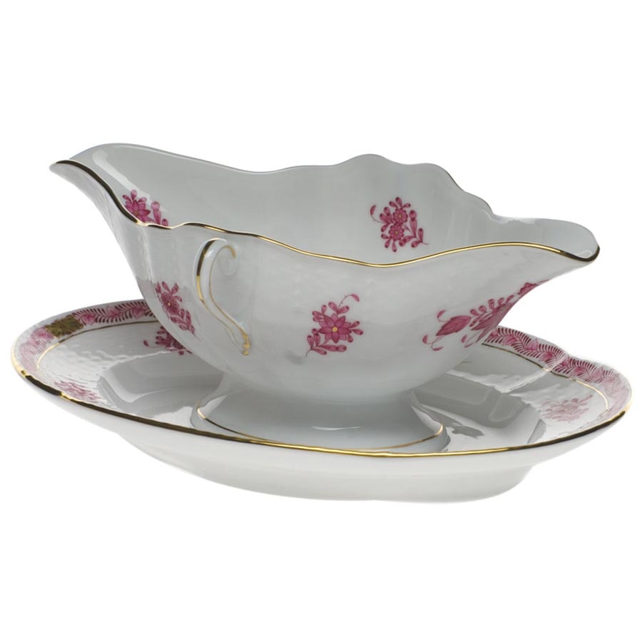 Herend Chinese Bouquet Raspberry Gravy Boat with Fixed Stand