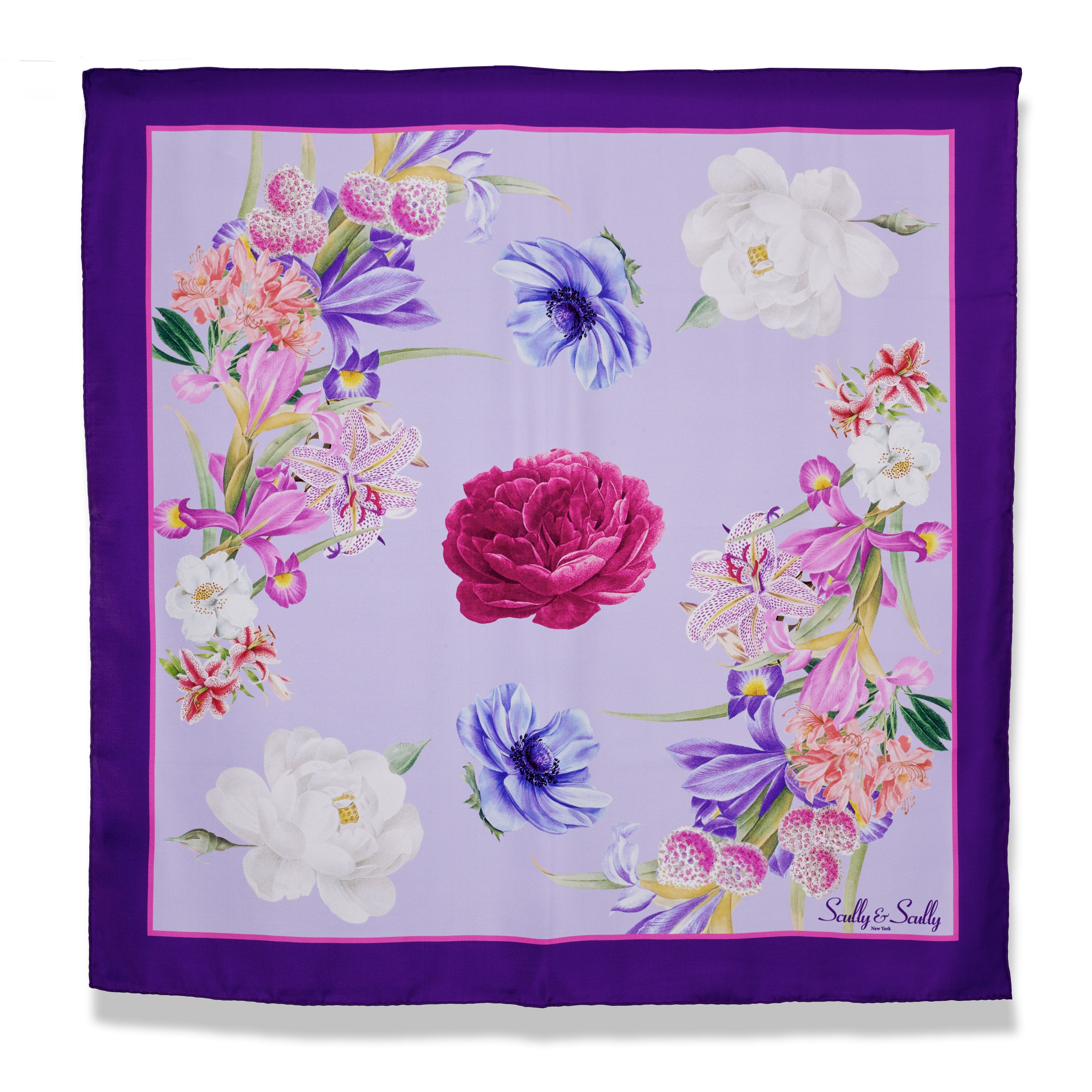 PURPLE BORDER FLORAL 100% ORGANIC SILK SCARF 90X92
