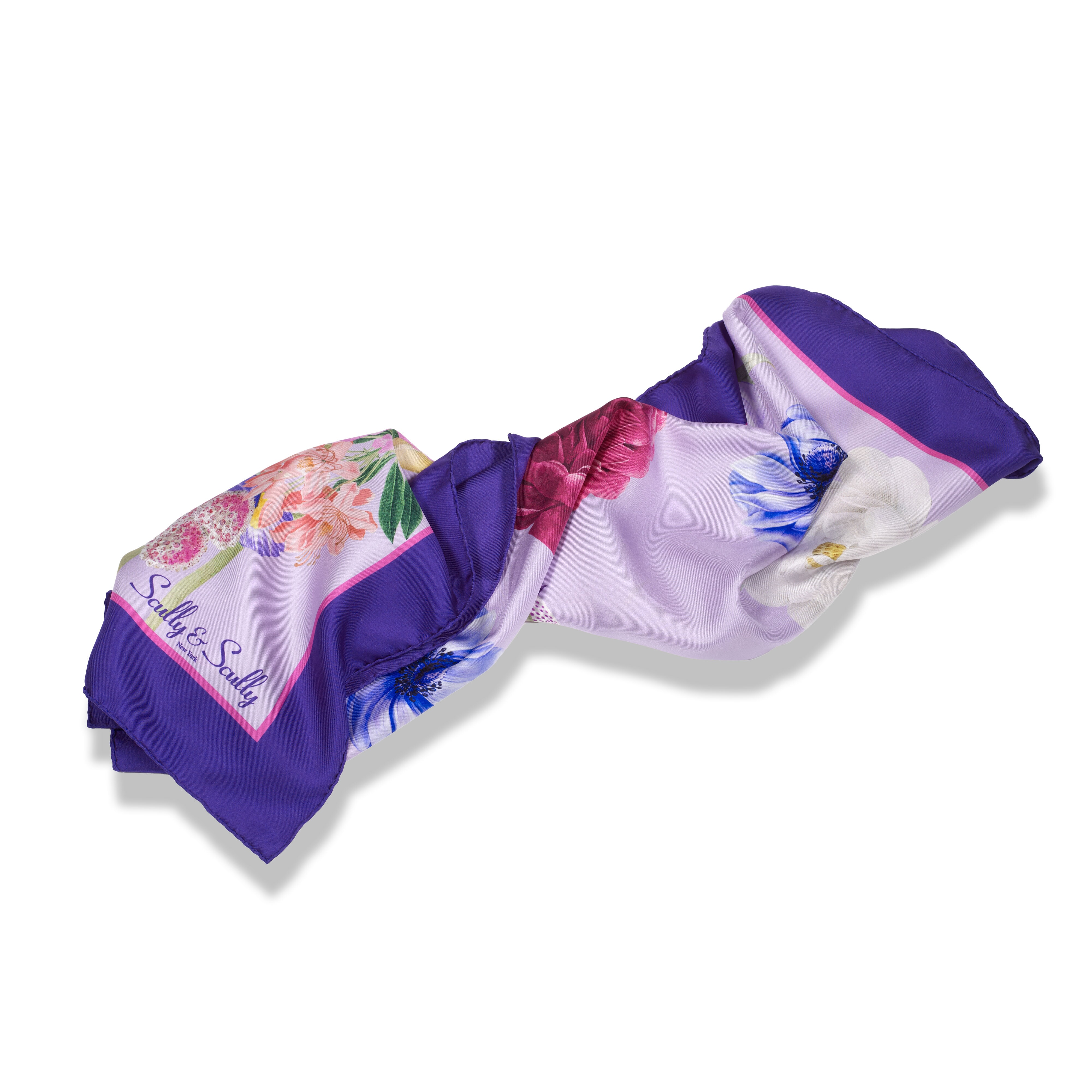PURPLE BORDER FLORAL 100% ORGANIC SILK SCARF 90X92