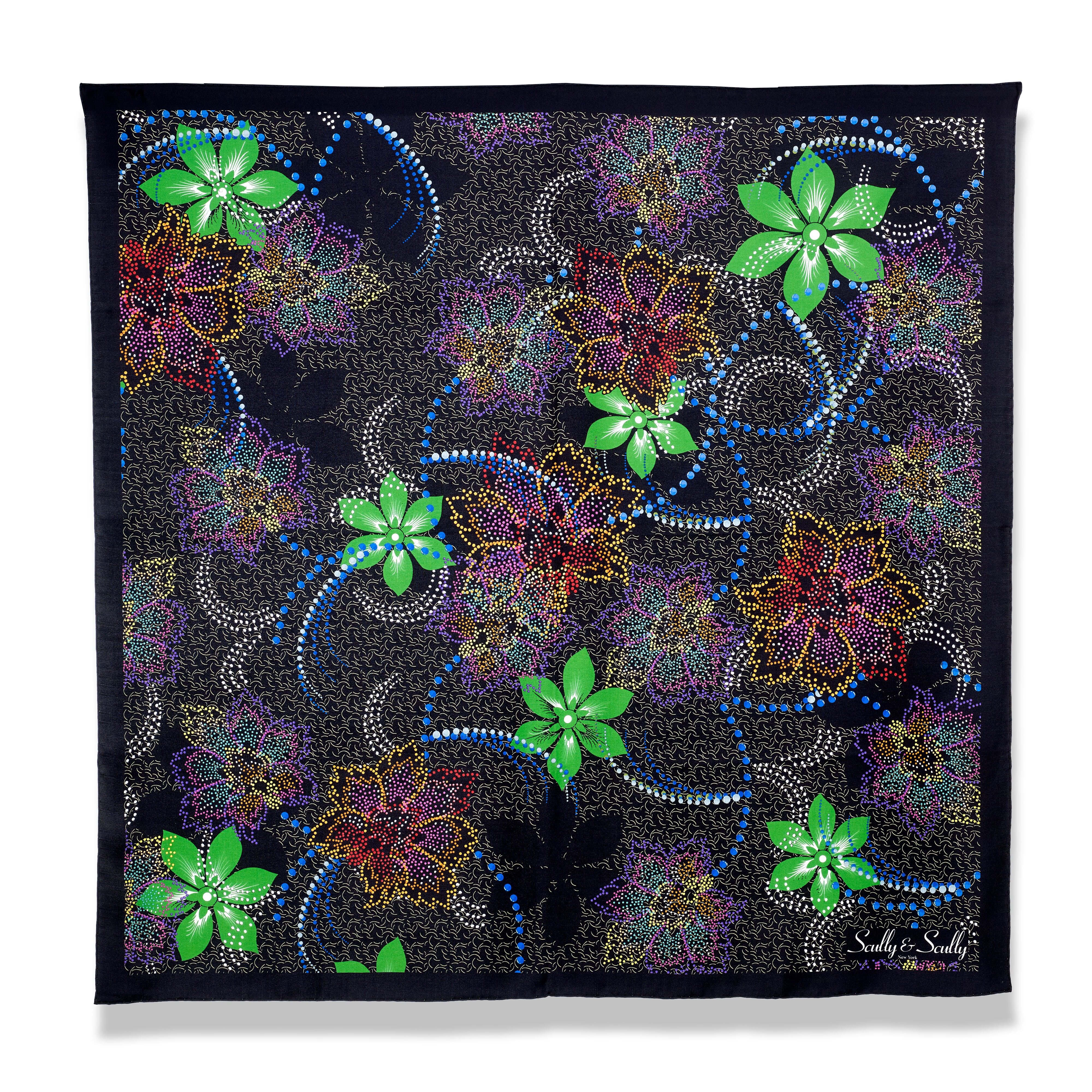 BLACK & GREEN FLOWER 100% ORGANIC SILK SCARF 90X91
