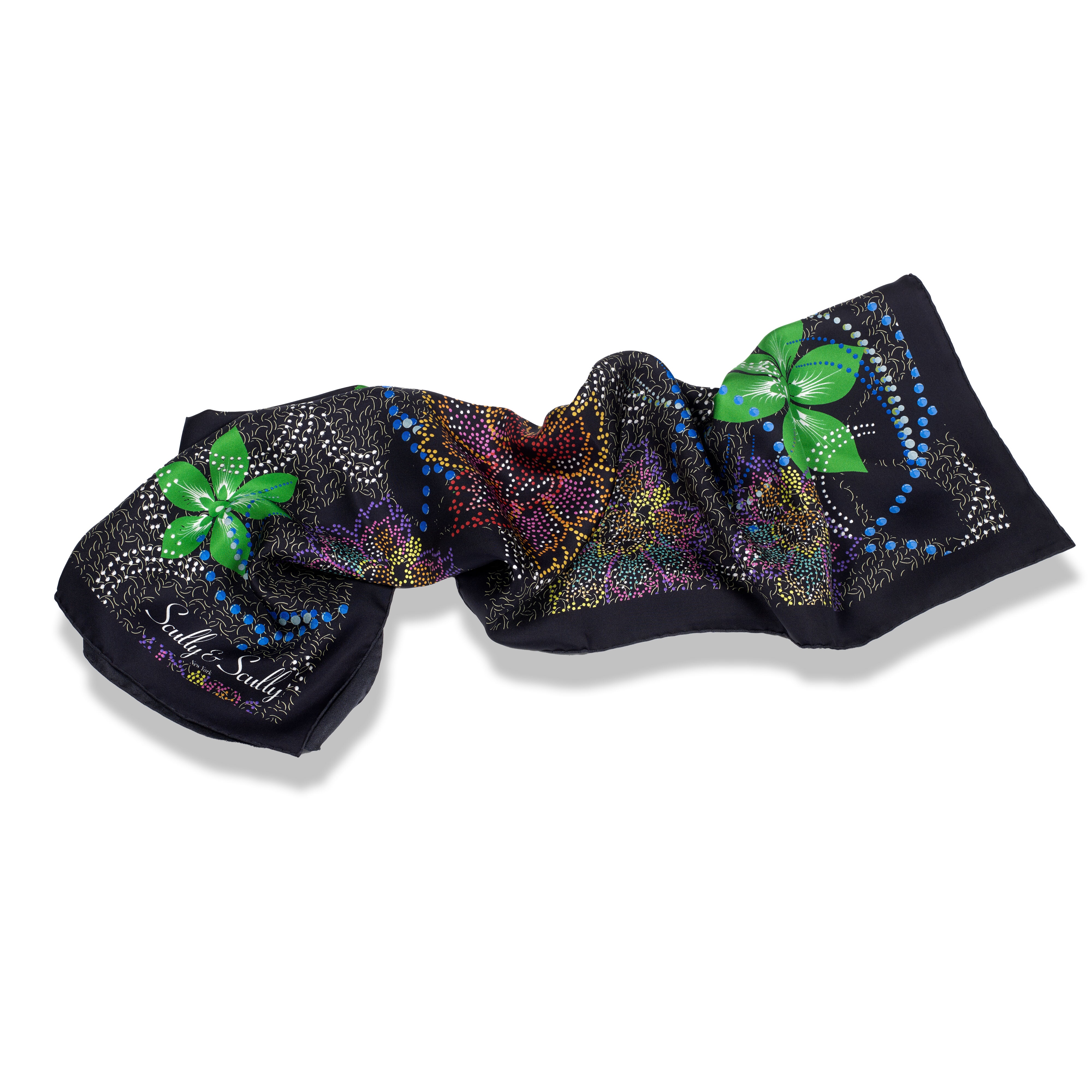 BLACK & GREEN FLOWER 100% ORGANIC SILK SCARF 90X91