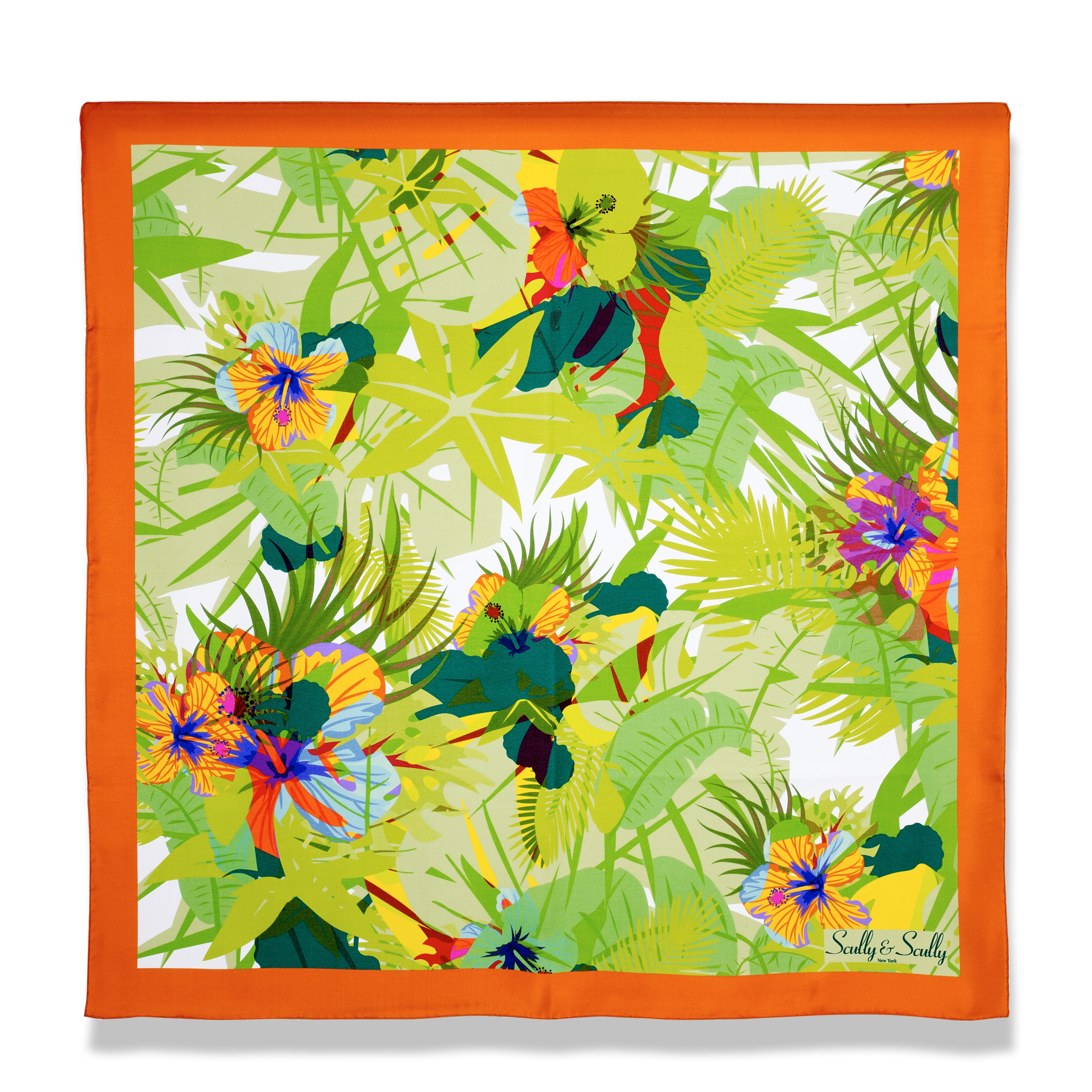 ORANGE BORDER WITH GREEN FLORAL 100% ORGANIC SILK SCARF 90X98