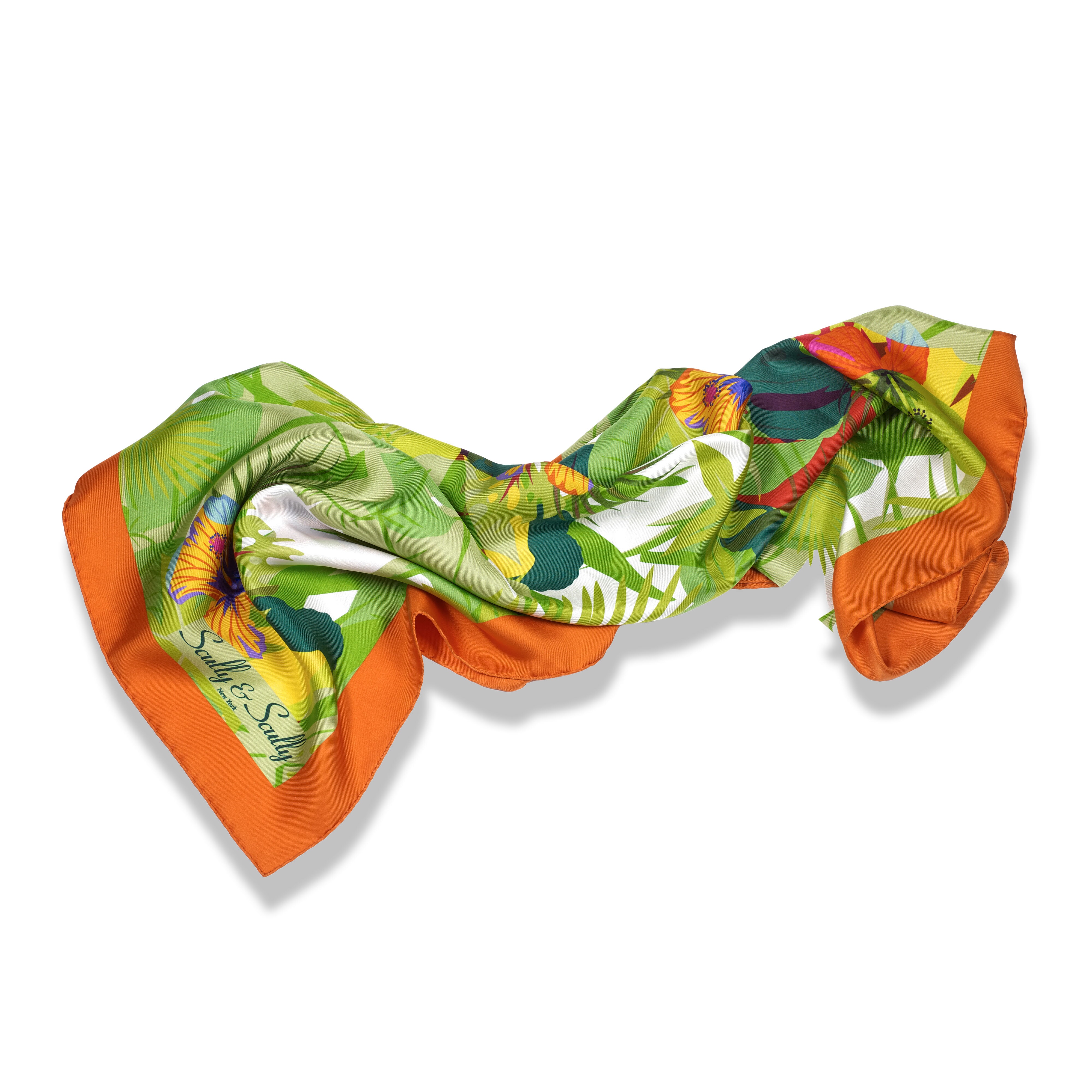 ORANGE BORDER WITH GREEN FLORAL 100% ORGANIC SILK SCARF 90X98