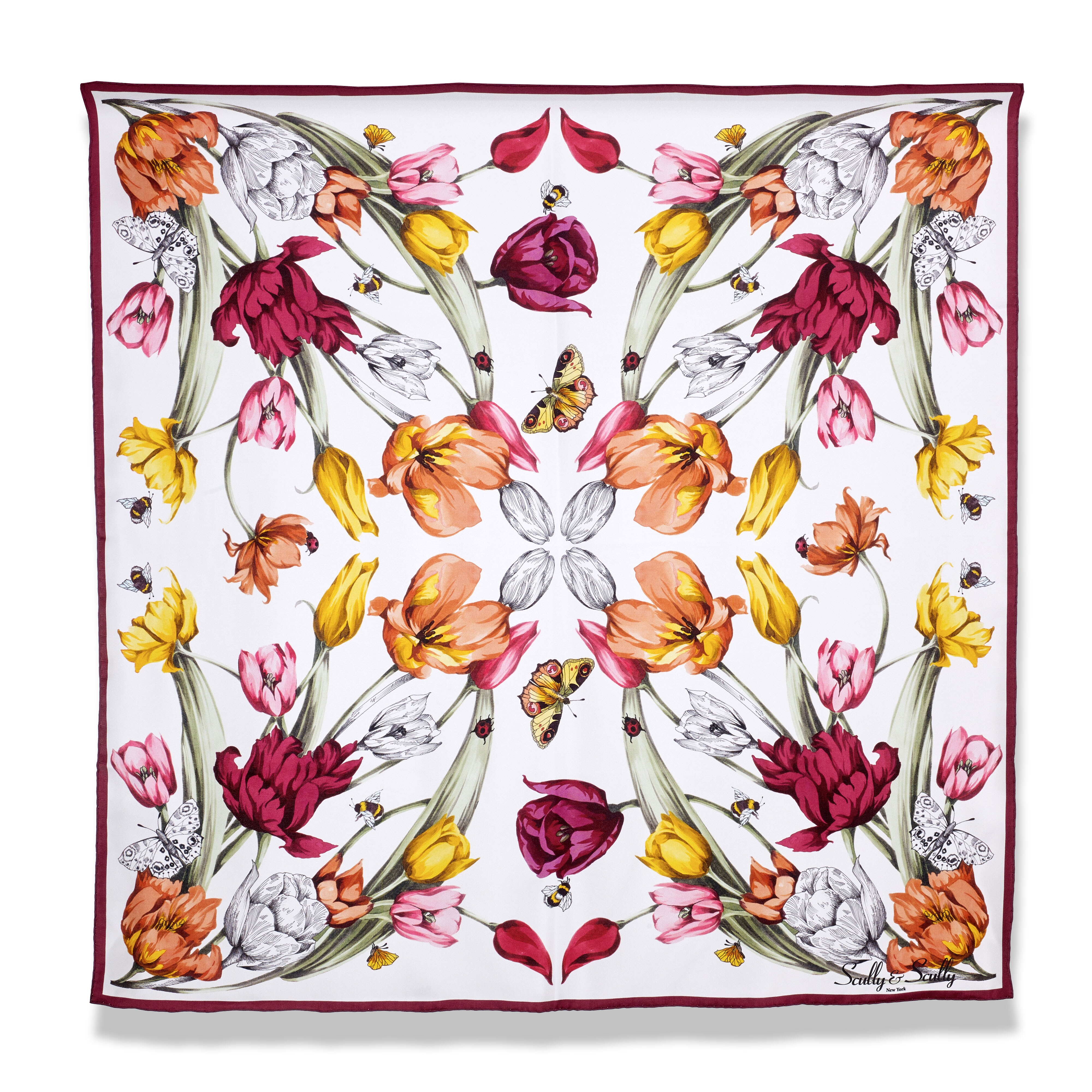 WHITE & PINK FLORAL 100% ORGANIC SILK SCARF 90X94