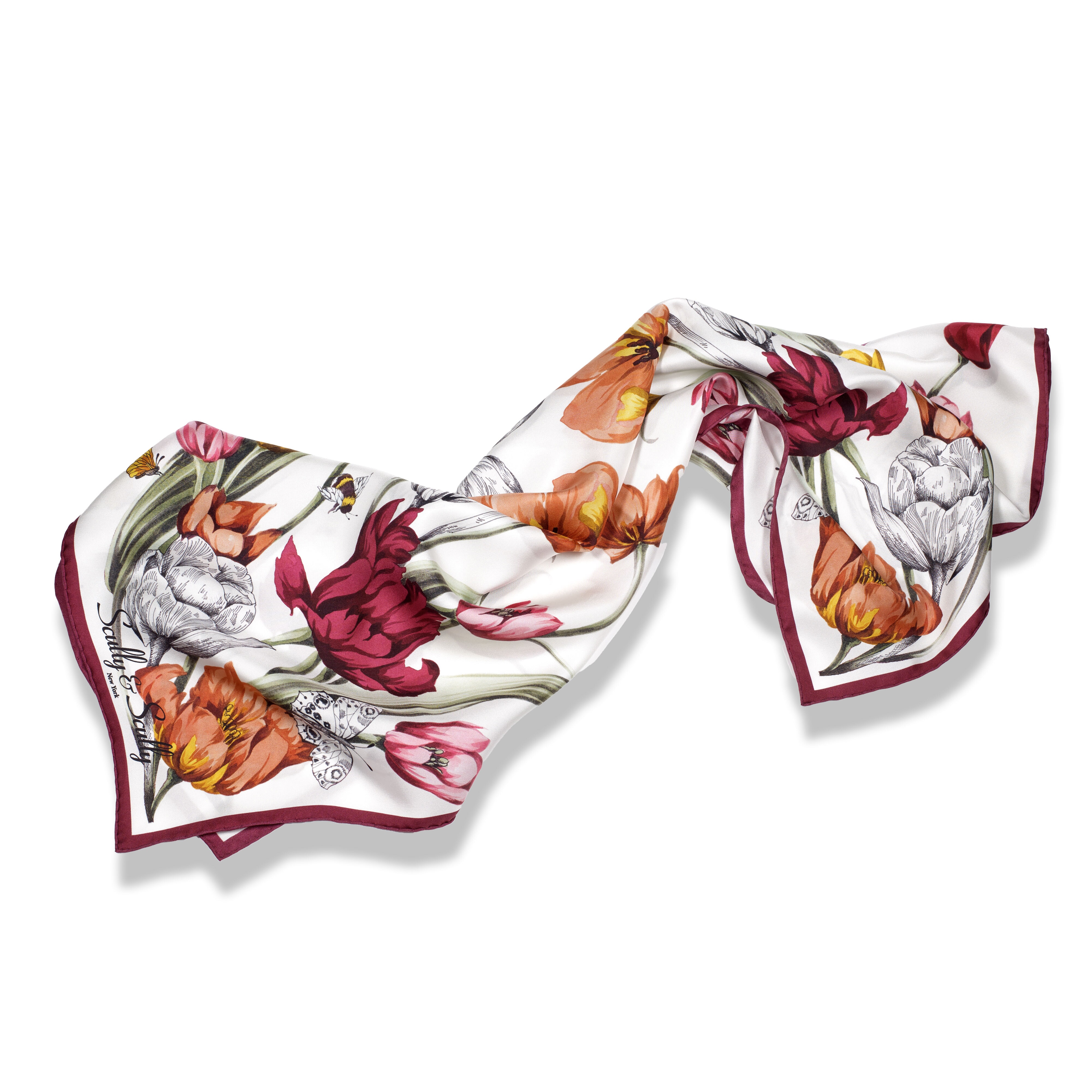 WHITE & PINK FLORAL 100% ORGANIC SILK SCARF 90X94