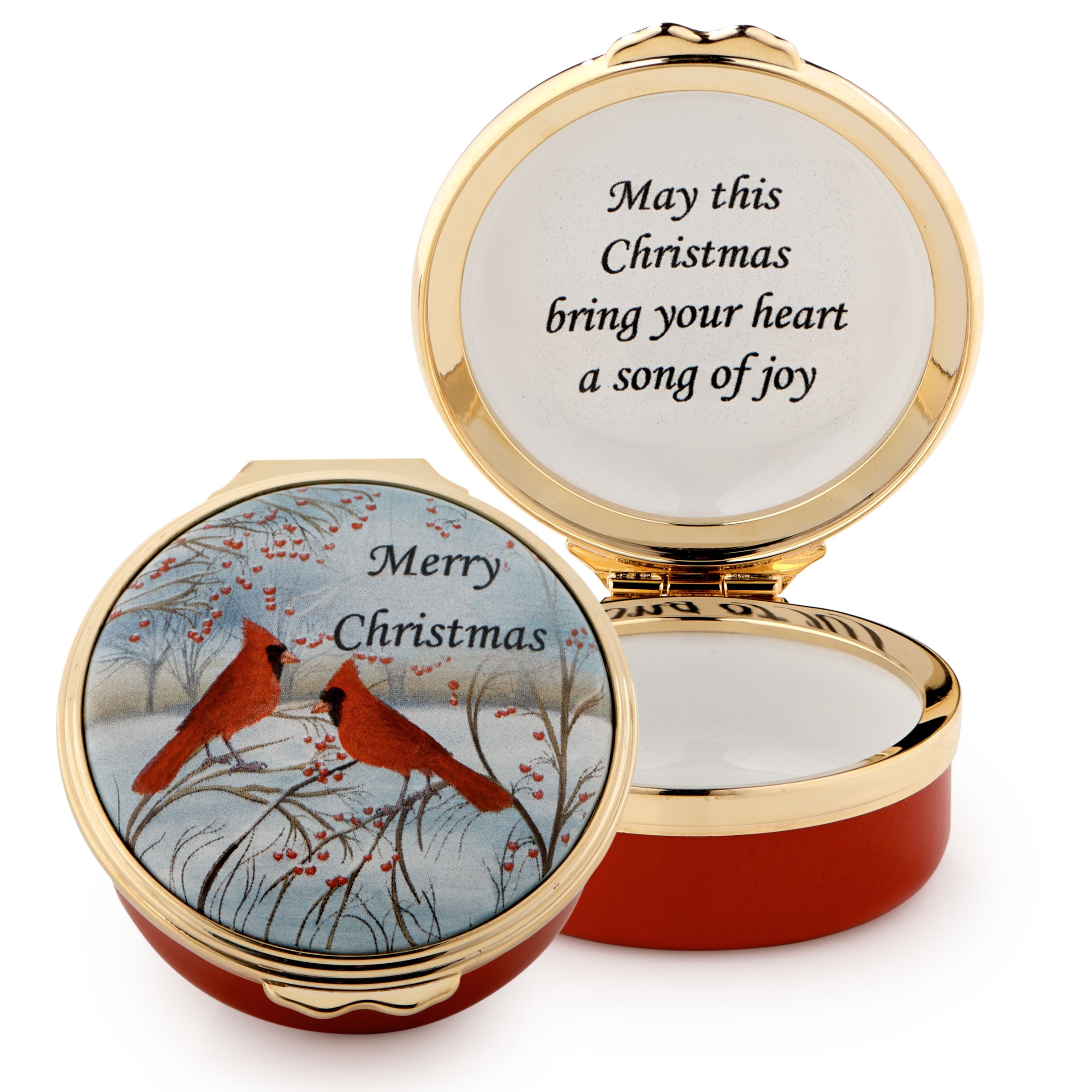 Halcyon Days Christmas Red Cardinals Enamel Box