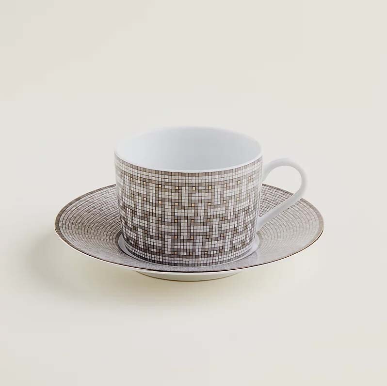 Hermès Mosaique au 24 Platinum Tea Cup and Saucer – Set of 2