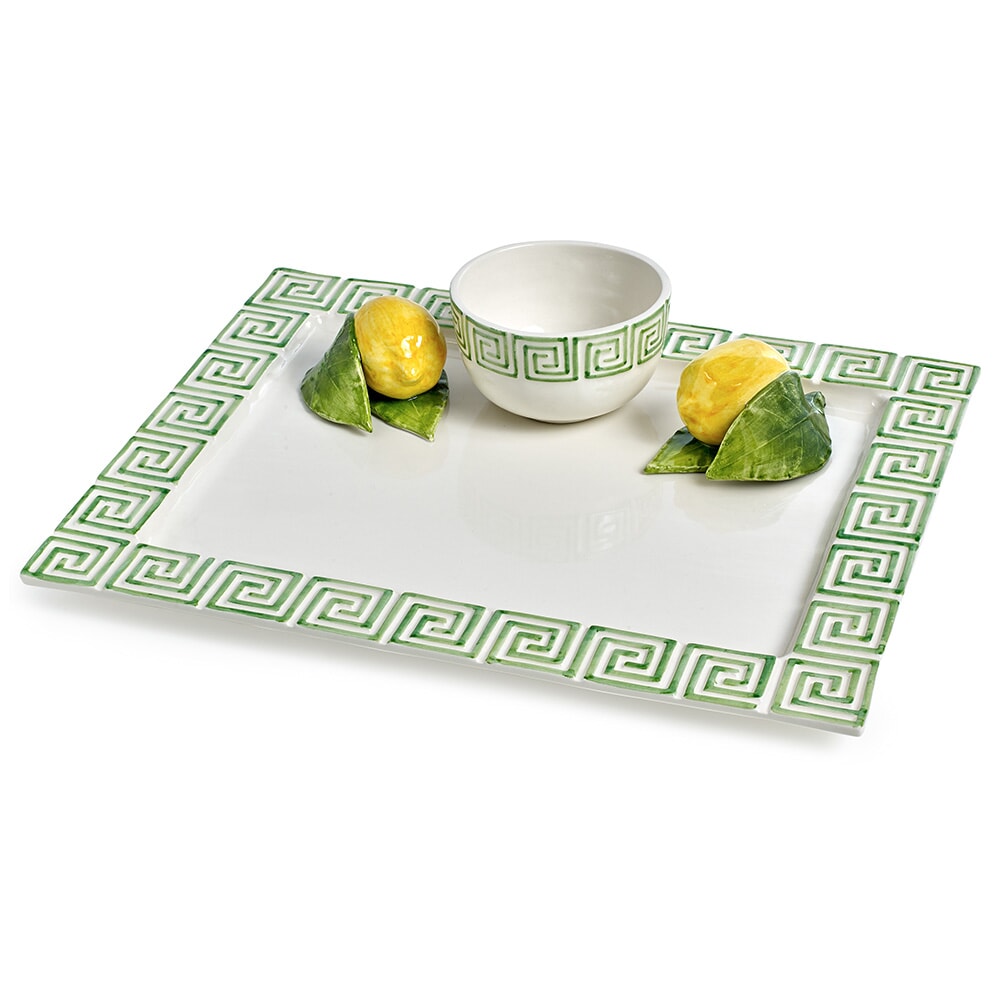 Green Greek Key with Lemons Chip & Dip