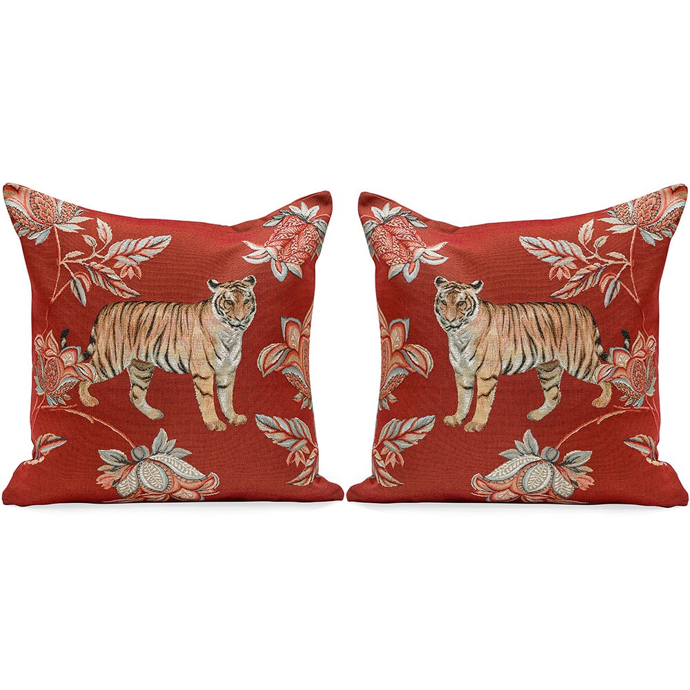 Indian Tiger on Red Tapestry Pillows