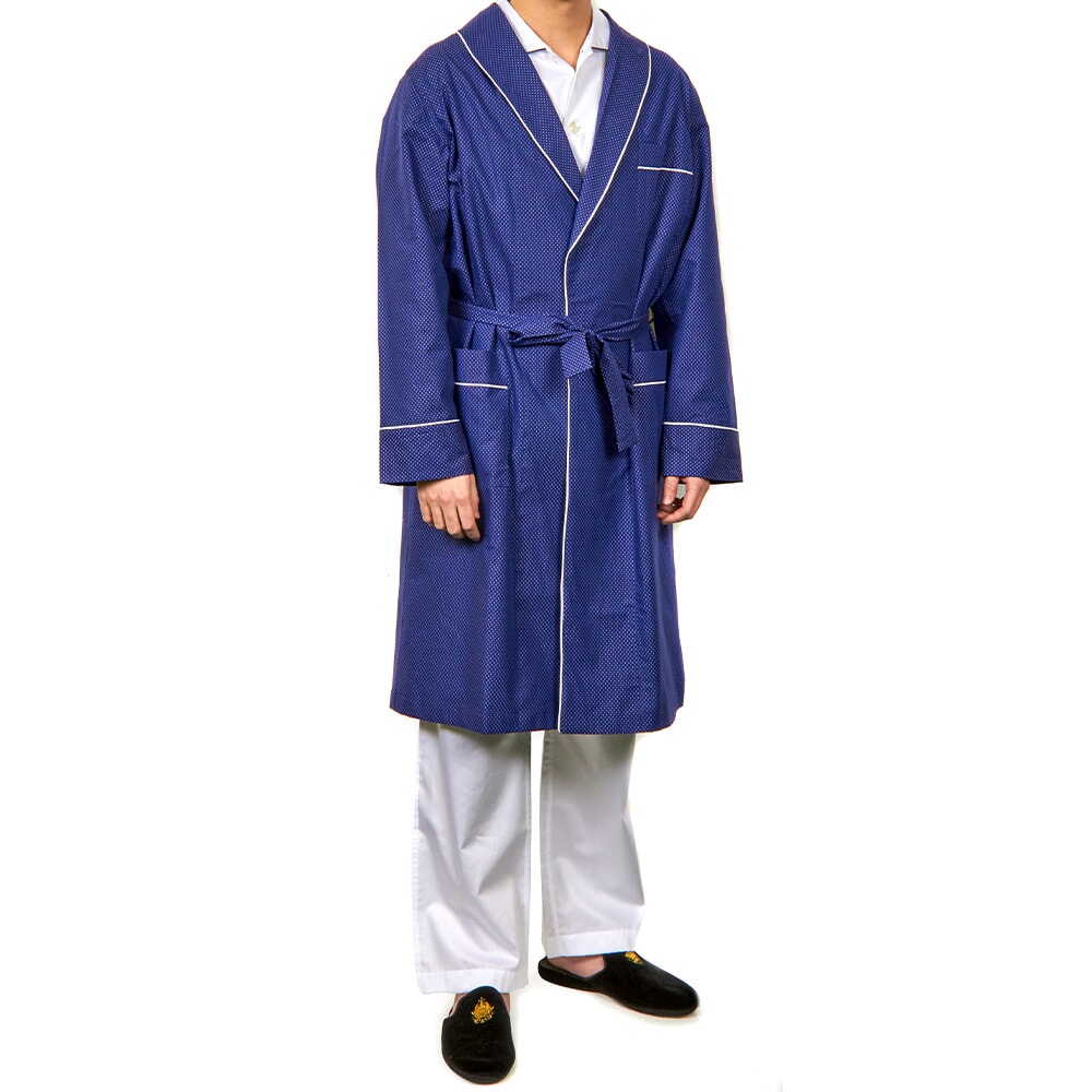 Men's Navy Polka Dot Soft Cotton Satin Robe