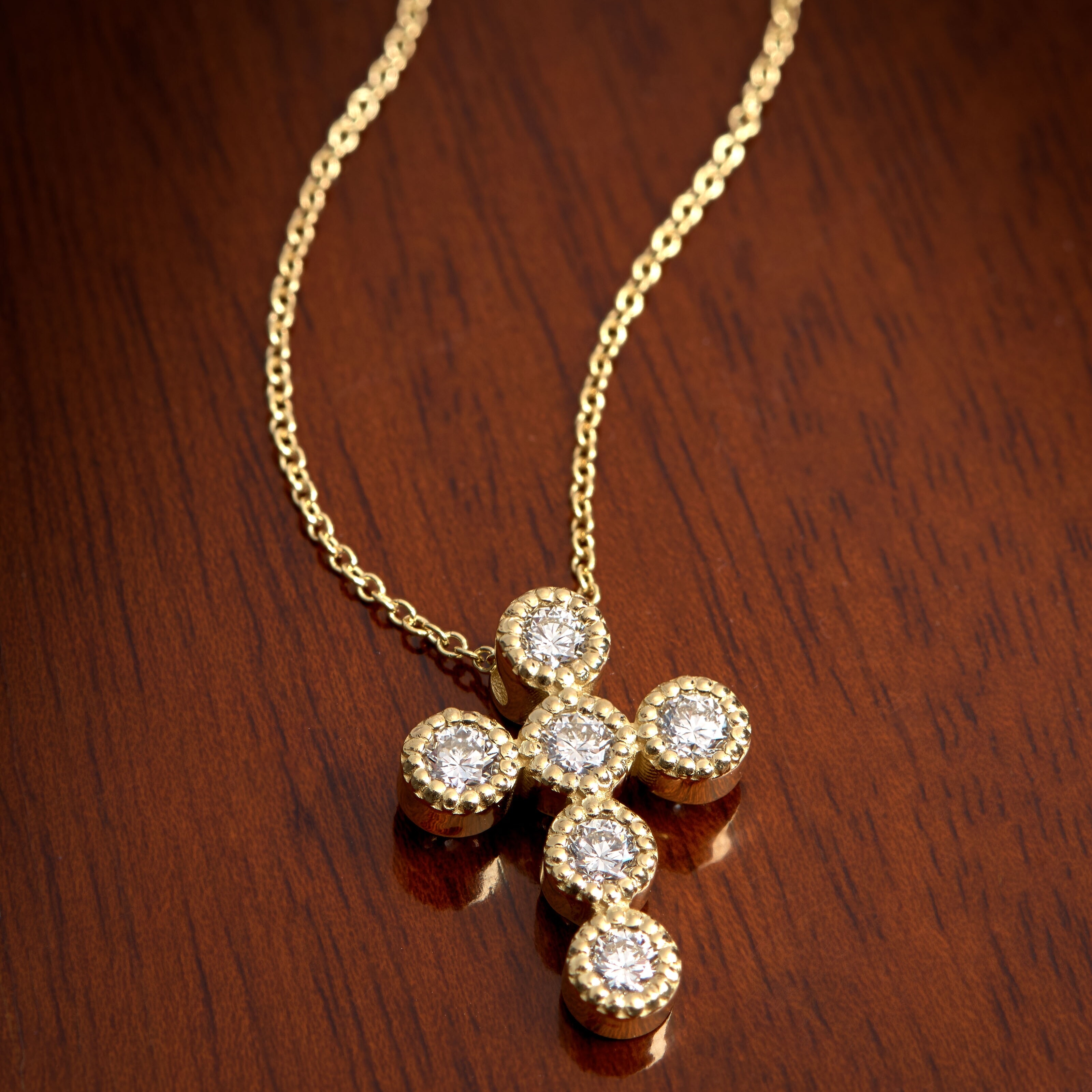 18k Diamond Cross Necklace Milgrain Bezels with Cable Chain