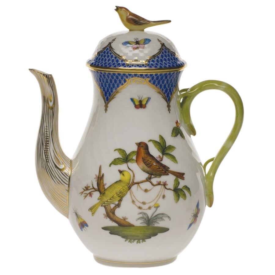 Herend Rothschild Bird Blue Border Coffee Pot with Bird Finial
