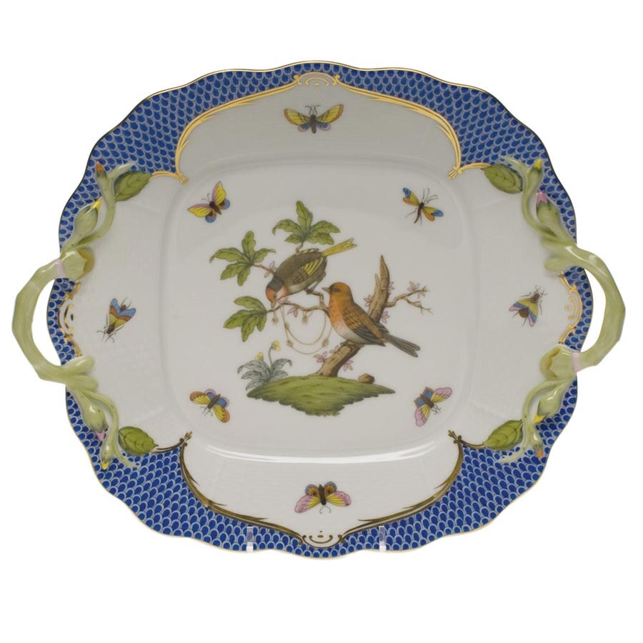 Herend Rothschild Bird Blue Border Square Cake Plate with Handles