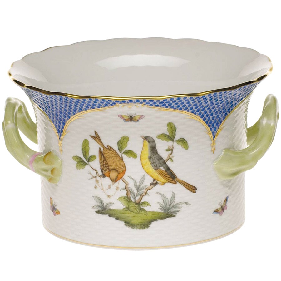 Herend Rothschild Bird Blue Border Cachepot with Handles