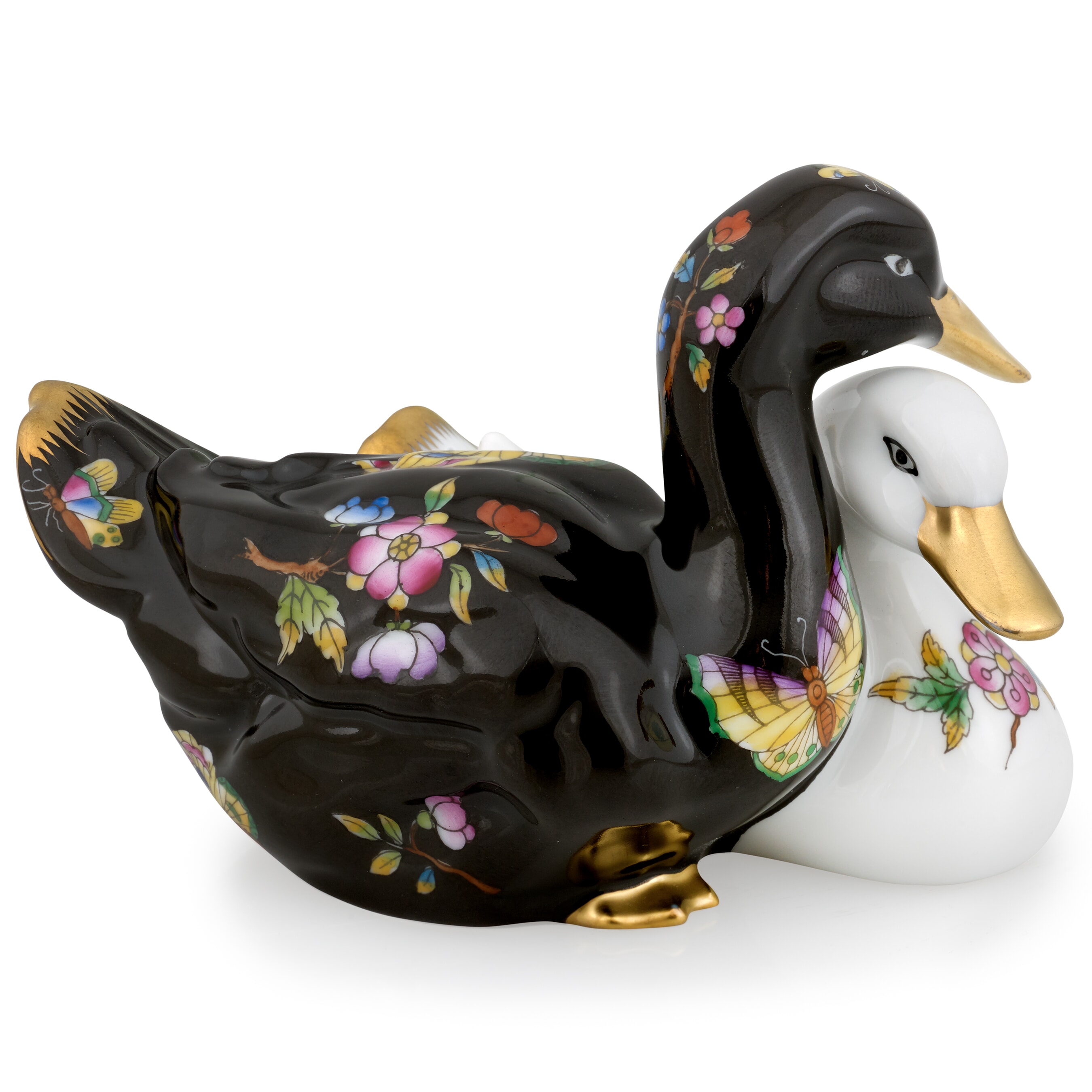 Herend Pair of Ducks Figurine, Black & White