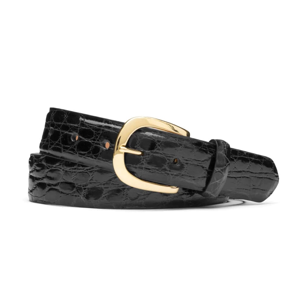 Women's Black Glazed Crocodile Belt with Gold Buckle