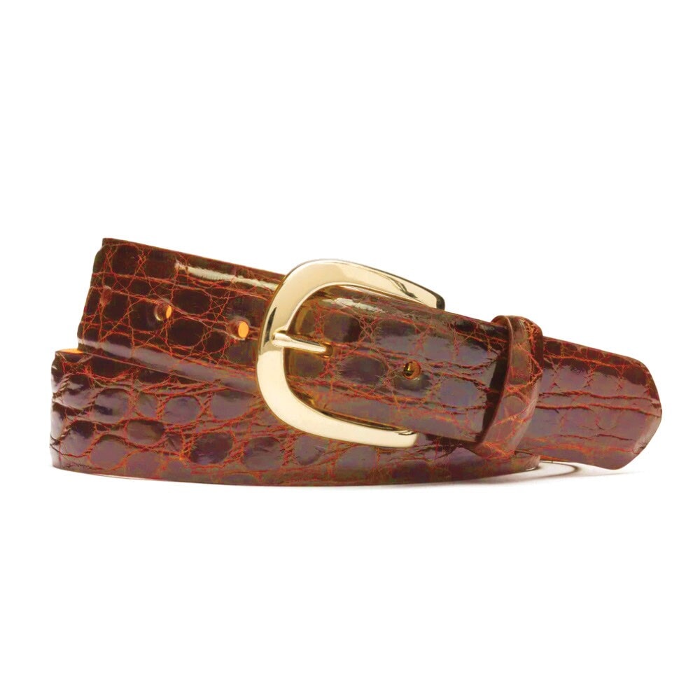 Women's Cognac Glazed Crocodile Belt with Gold Buckle